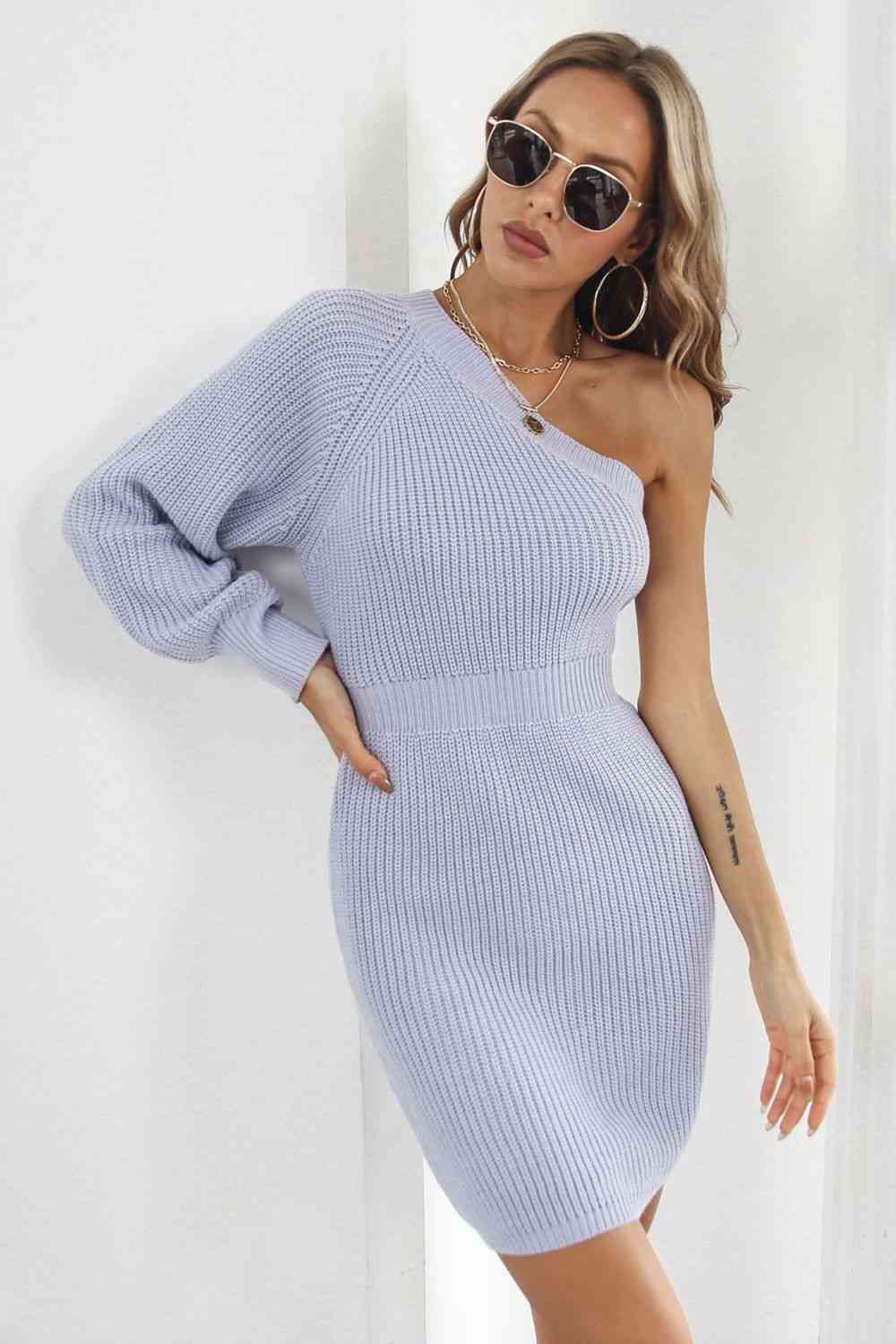 One Shoulder Raglan Sleeve Pencil Sweater Dress Orchid Unique 