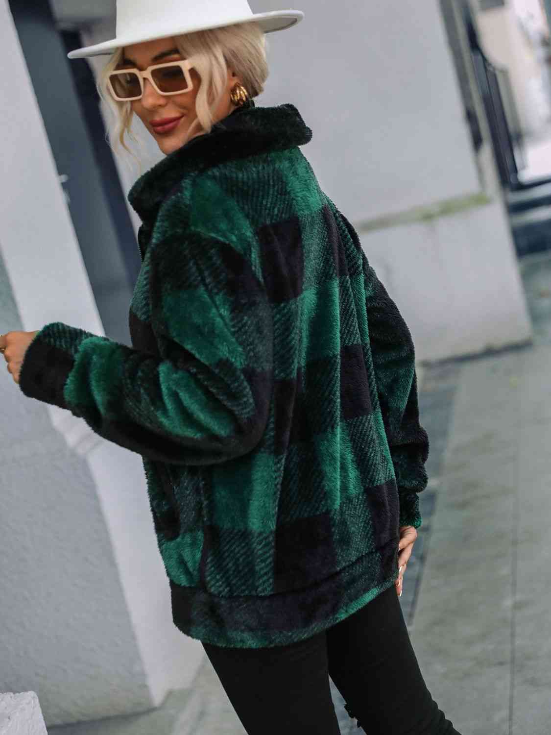 Plaid Zip-Up Collared Jacket Orchid Unique 