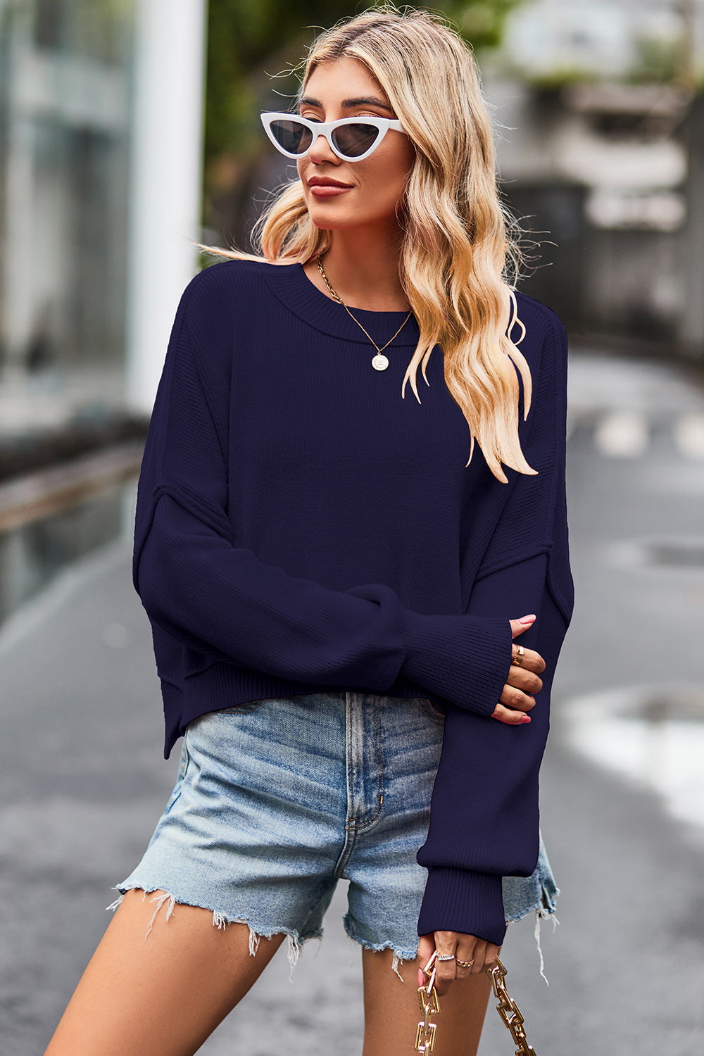 Round Neck Drop Shoulder Long Sleeve Sweater Orchid Unique 