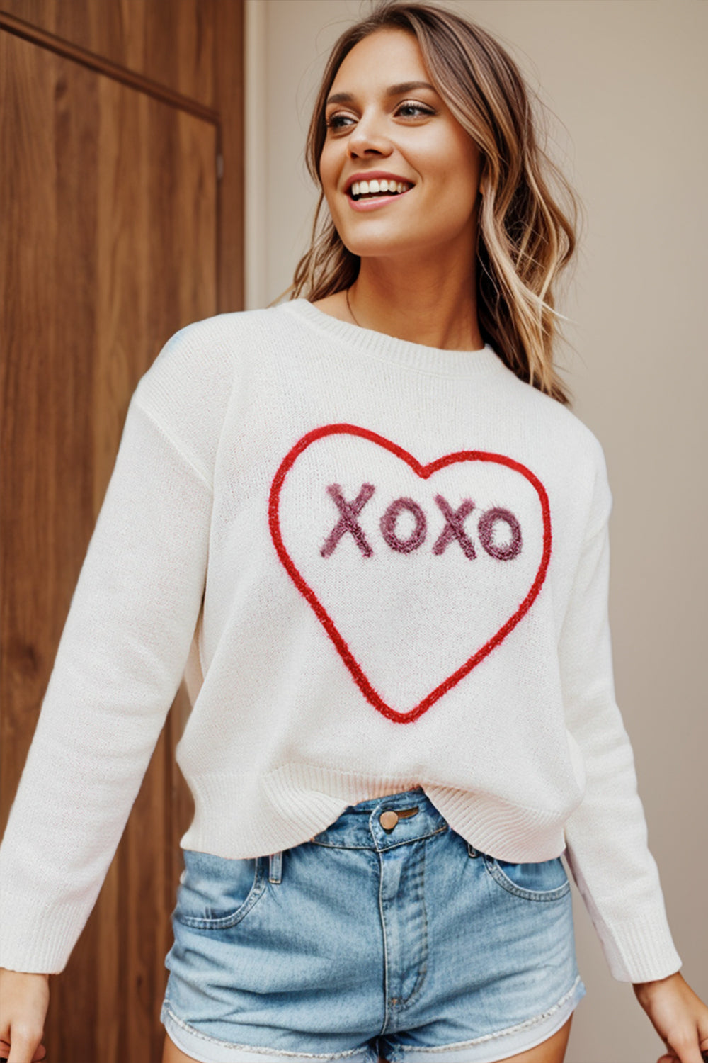 XOXO Heart Round Neck Dropped Shoulder Sweater Orchid Unique 