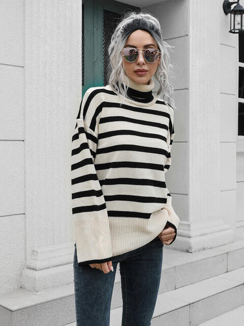 Striped Slit Turtleneck Drop Shoulder Sweater Orchid Unique 