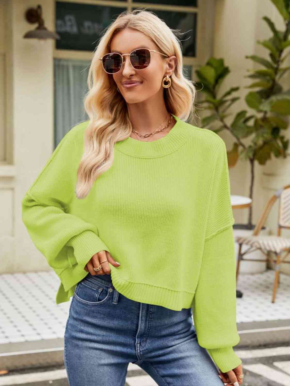 Round Neck Dropped Shoulder Sweater Orchid Unique 