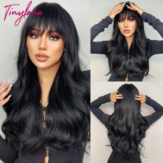 TINY LANA Natural Black Long Wavy Synthetic Wig with Bangs for Women Body Wave Dark Brown Wigs Cosplay Daily Hair Heat Resistant - Orchid Unique  Orchid Unique 