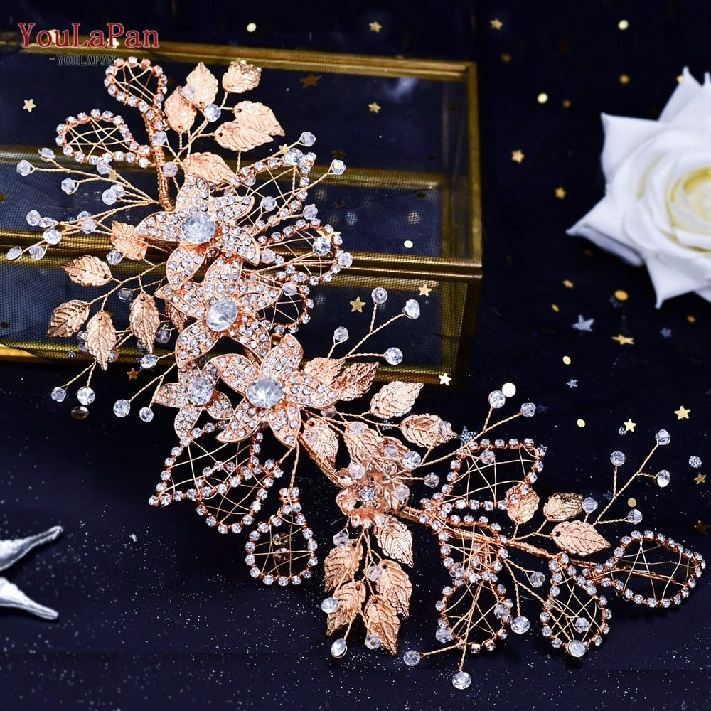 YouLaPan HP282 Wedding Headband Alloy Flower Leaf Hair Tiara Rhinestone Headpiece Bridal Headwear Hair Accessories Head Jewelry - Orchid Unique 