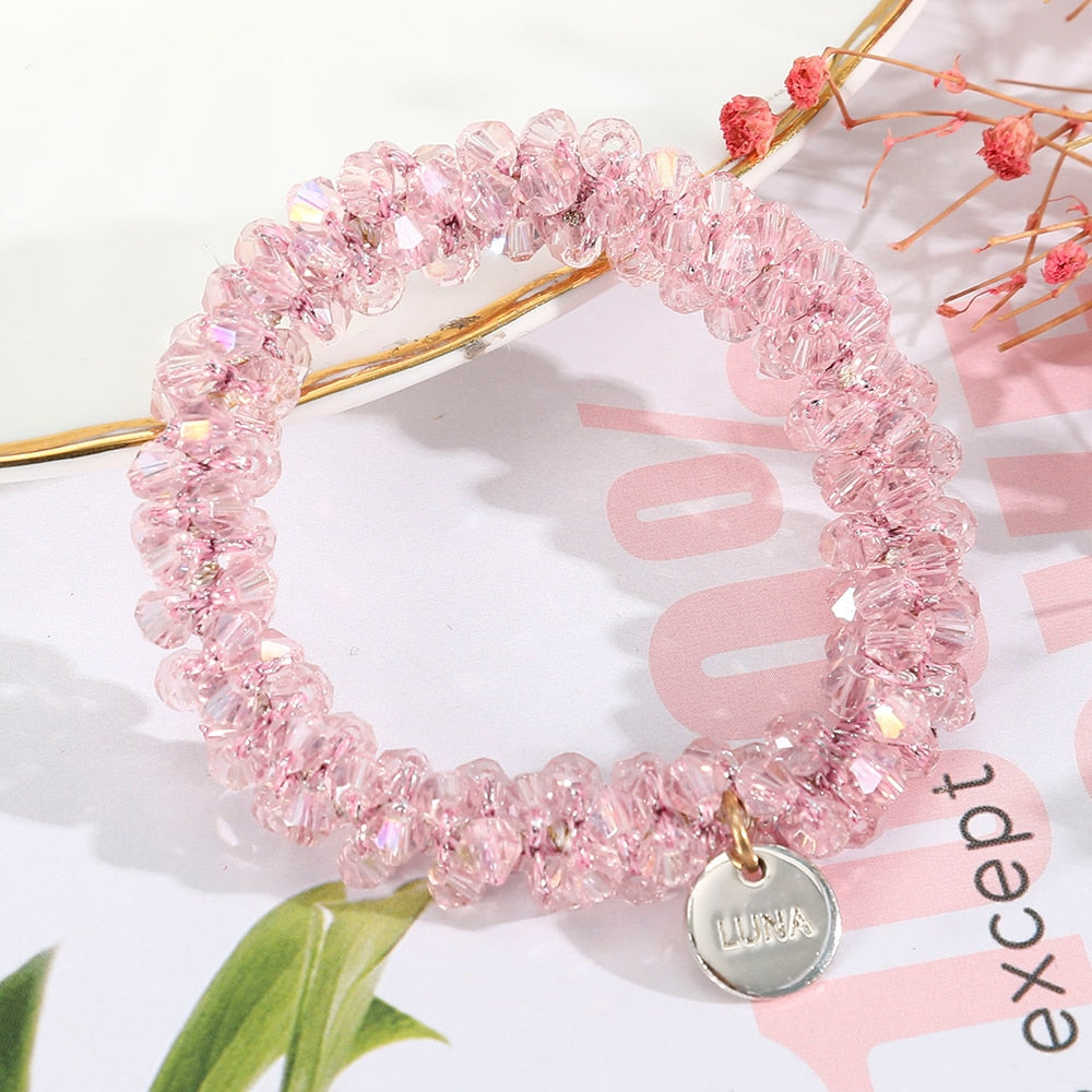 Levao Crystal Beads Hair Rope for Women Ponytail Scrunchies Elastic Hair Bands Beaded Rubber Hairband Hair Accessories - Orchid Unique  Orchid Unique 