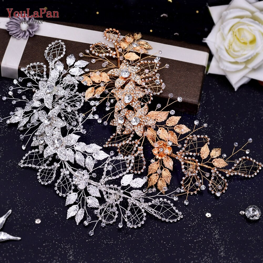 YouLaPan HP282 Wedding Headband Alloy Flower Leaf Hair Tiara Rhinestone Headpiece Bridal Headwear Hair Accessories Head Jewelry - Orchid Unique 