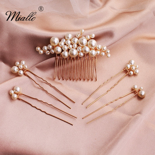 Miallo 2019 5 pcs/set Pearls Wedding Hair Comb Bridal Hair Pins Clips Women Hair Jewelry Accessories Handmade Headpieces - Orchid Unique 