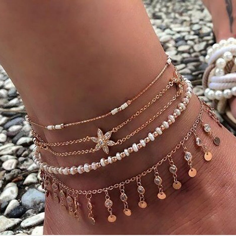 Tocona Layered Gold Shell Pendant Chain Ankle Bracelet - Orchid Unique 