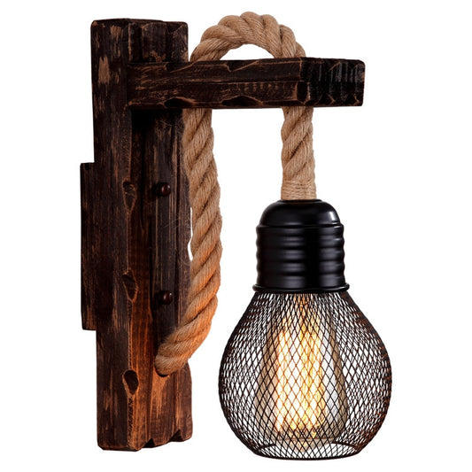 Vintage Wood Hemp Rope Wall Lamps - Orchid Unique  Orchid Unique 