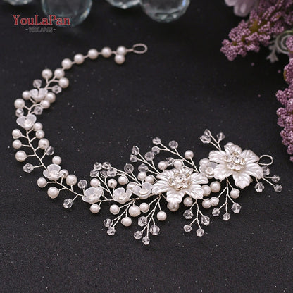 YouLaPan HP295 Flower Headwear Wedding Headband for Bride Crystal Pearls Women Tiara Bridal Headpieces Hair Jewelry Accessories - Orchid Unique 