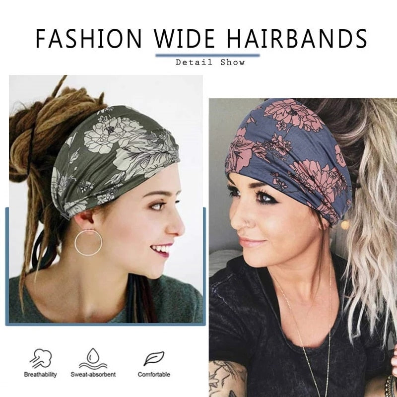 Boho Flower Print Wide Headbands - Orchid Unique 