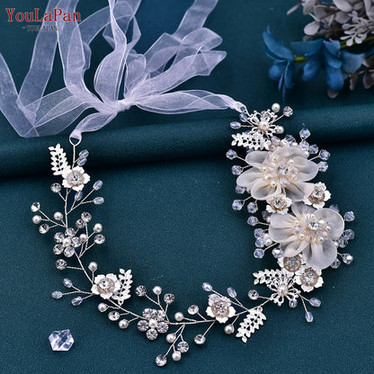 YouLaPan HP295 Flower Headwear Wedding Headband for Bride Crystal Pearls Women Tiara Bridal Headpieces Hair Jewelry Accessories - Orchid Unique 