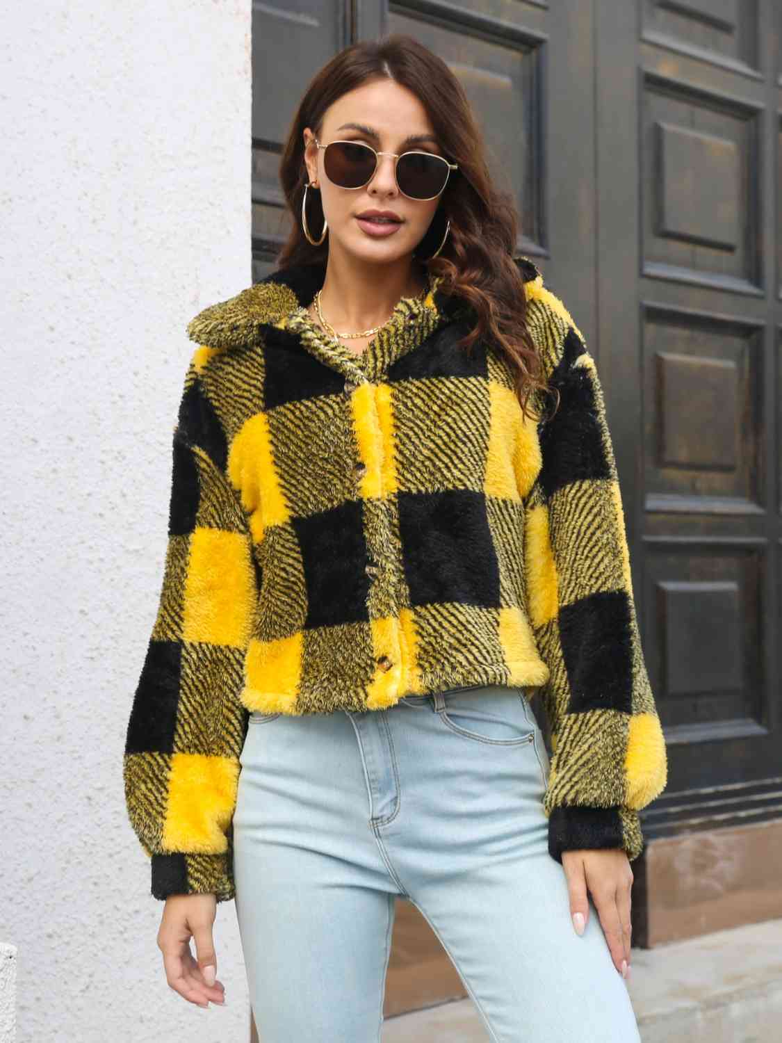 Plaid Dropped Shoulder Buttoned Jacket Orchid Unique 