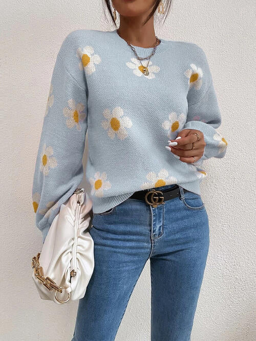 Flower Round Neck Latern Sleeve Sweater Orchid Unique 