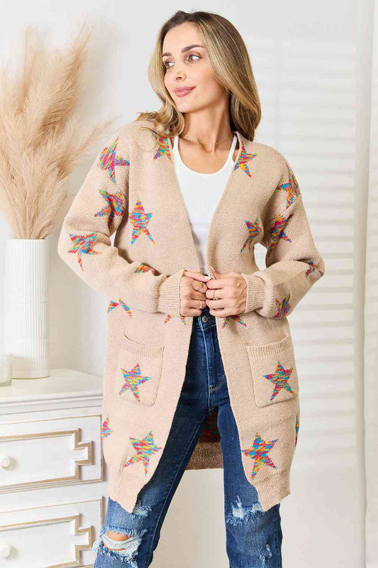 Double Take Star Pattern Open Front Longline Cardigan Orchid Unique 