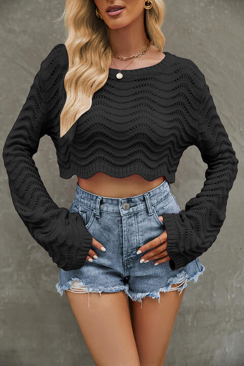 Round Neck Long Sleeve Cropped Sweater Orchid Unique 