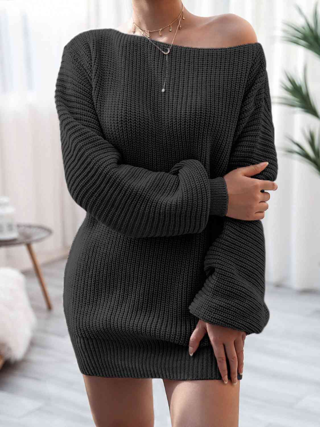 Rib-Knit Mini Sweater Dress Orchid Unique 