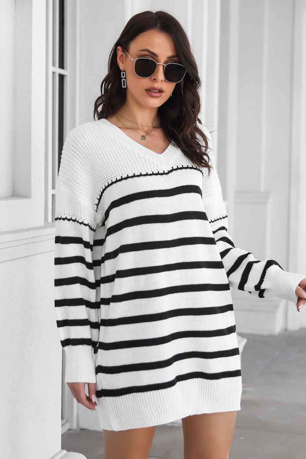 Striped V-Neck Drop Shulder Sweater Dress Orchid Unique 