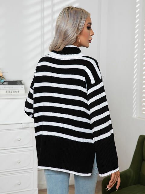 Striped Slit Turtleneck Drop Shoulder Sweater Orchid Unique 