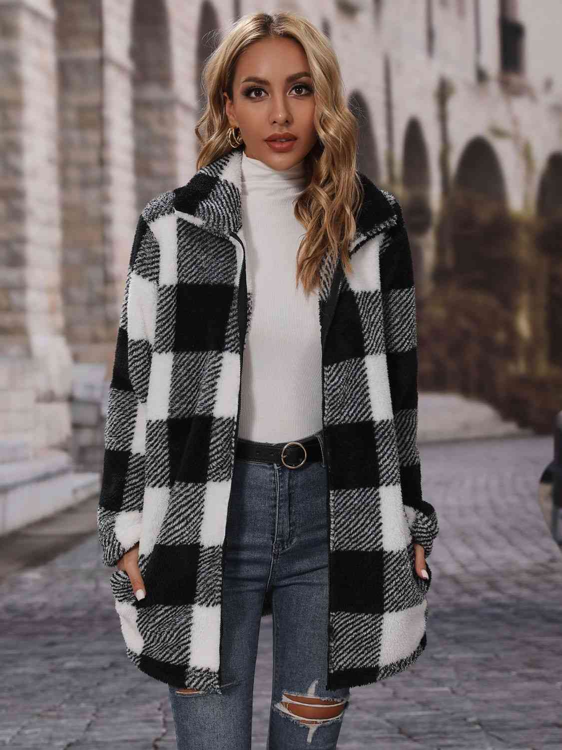 Plaid Collared Neck Coat with Pockets Orchid Unique 