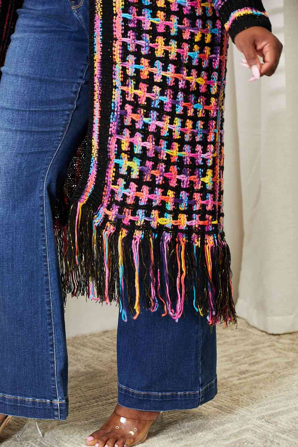 Double Take Full Size Multicolored Open Front Fringe Hem Cardigan Orchid Unique 