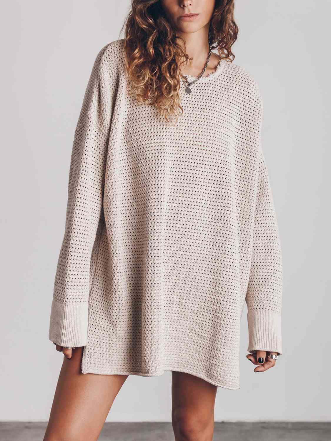 Openwork Round Neck Long Sleeve Slit Sweater Orchid Unique 