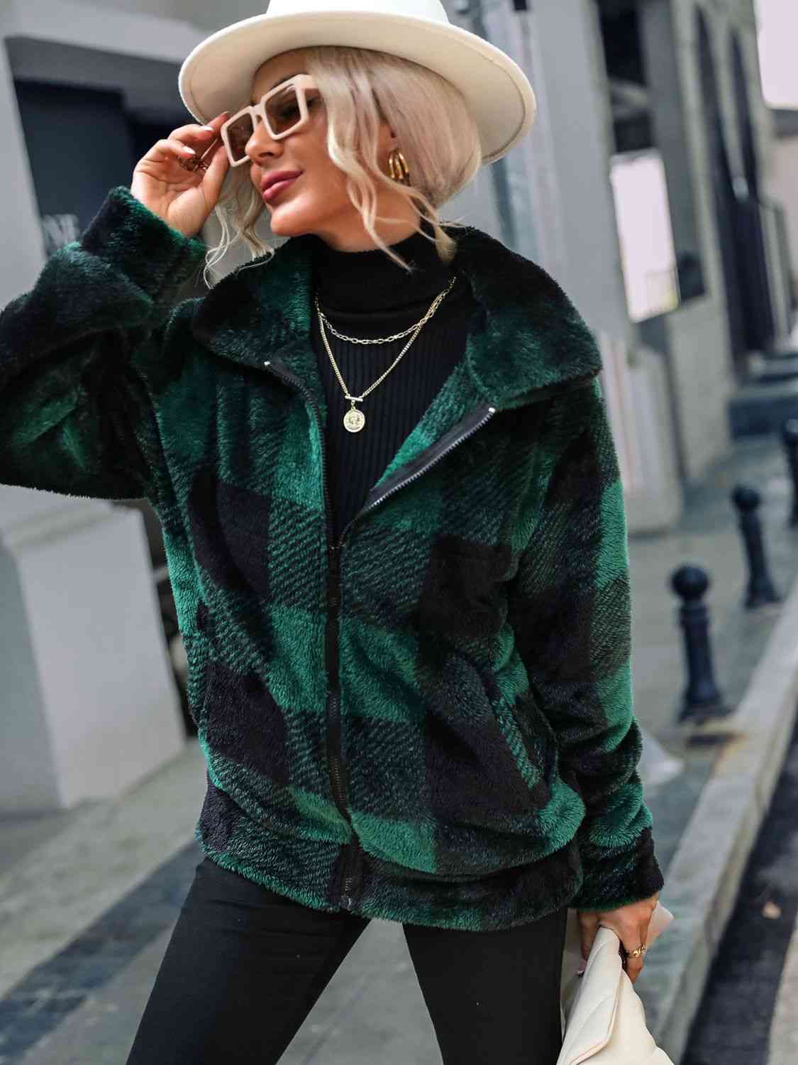 Plaid Zip-Up Collared Jacket Orchid Unique 