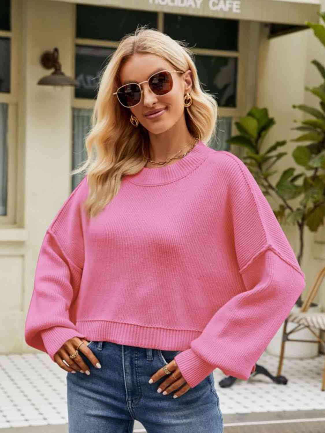 Round Neck Dropped Shoulder Sweater Orchid Unique 