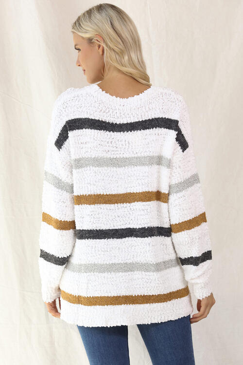 Striped Round Neck Long Sleeve Sweater Orchid Unique 