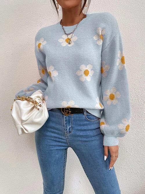 Flower Round Neck Latern Sleeve Sweater Orchid Unique 