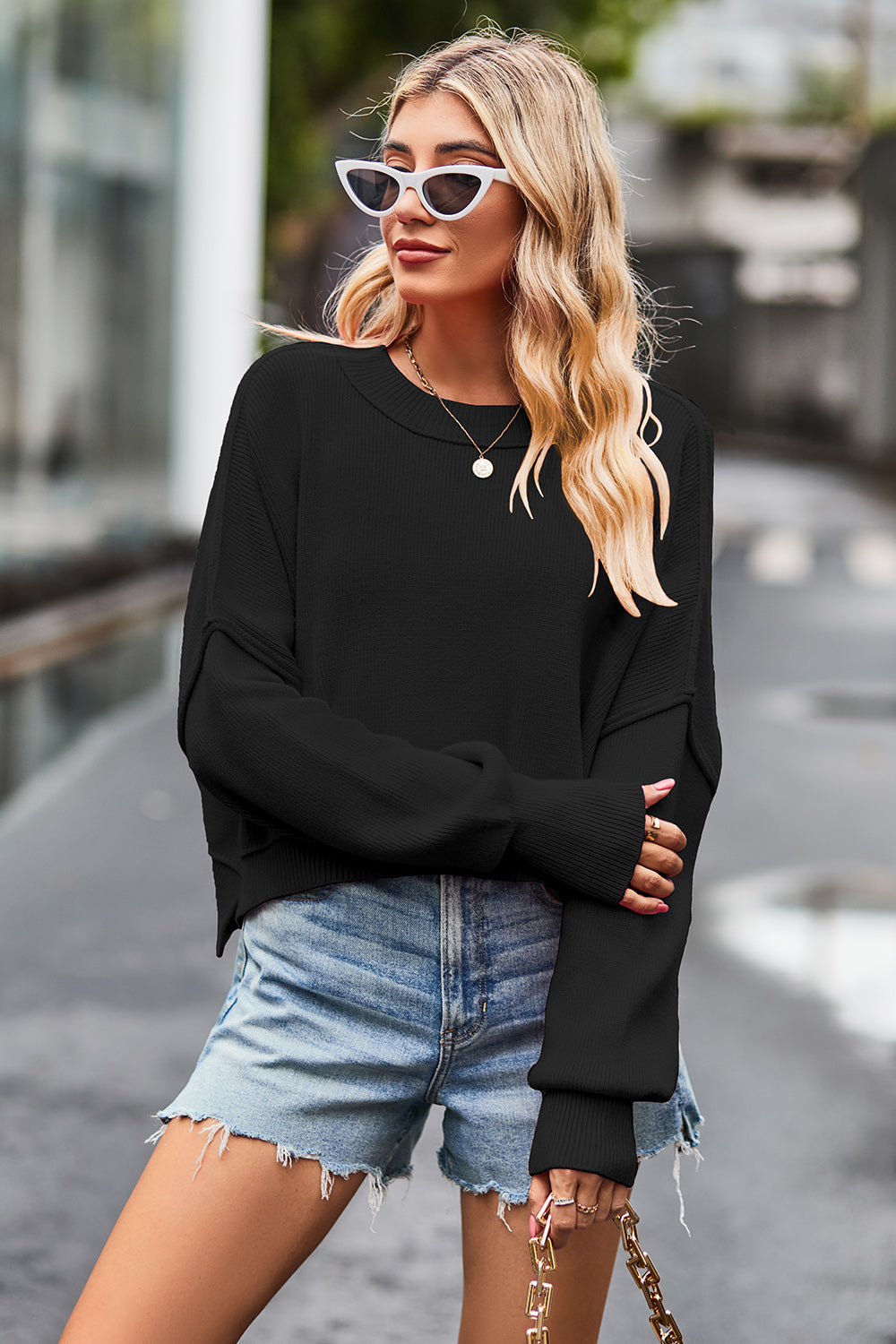 Round Neck Drop Shoulder Long Sleeve Sweater Orchid Unique 