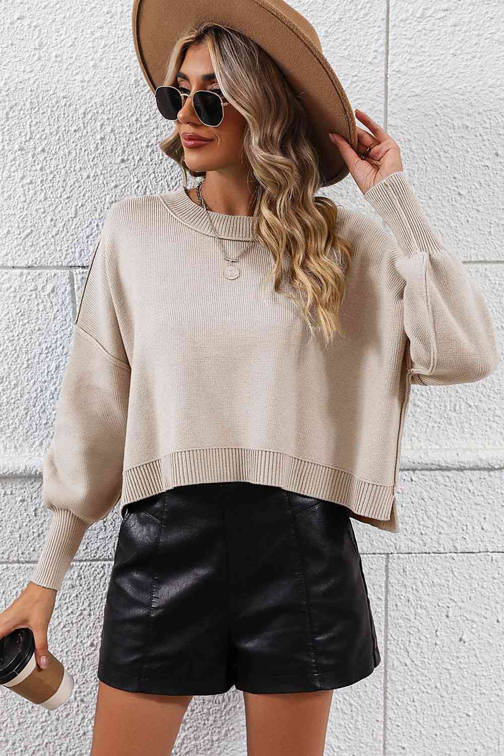 Round Neck Dropped Shoulder Pullover Sweater Orchid Unique 