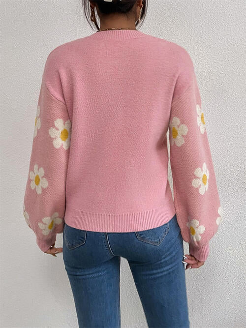 Flower Round Neck Latern Sleeve Sweater Orchid Unique 