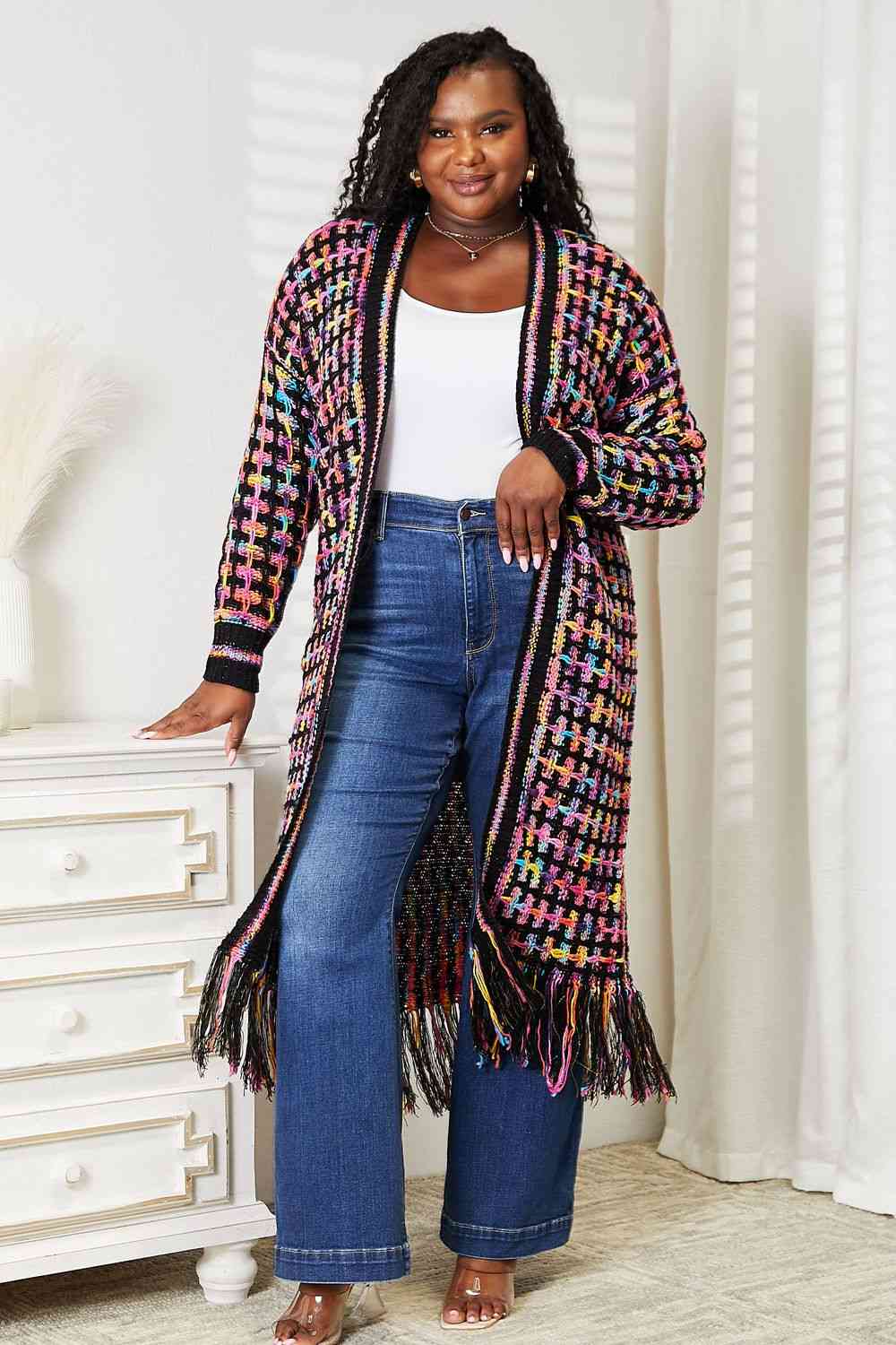 Double Take Full Size Multicolored Open Front Fringe Hem Cardigan Orchid Unique 