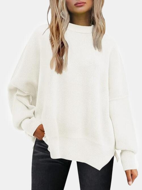 Round Neck Drop Shoulder Slit Sweater Orchid Unique 