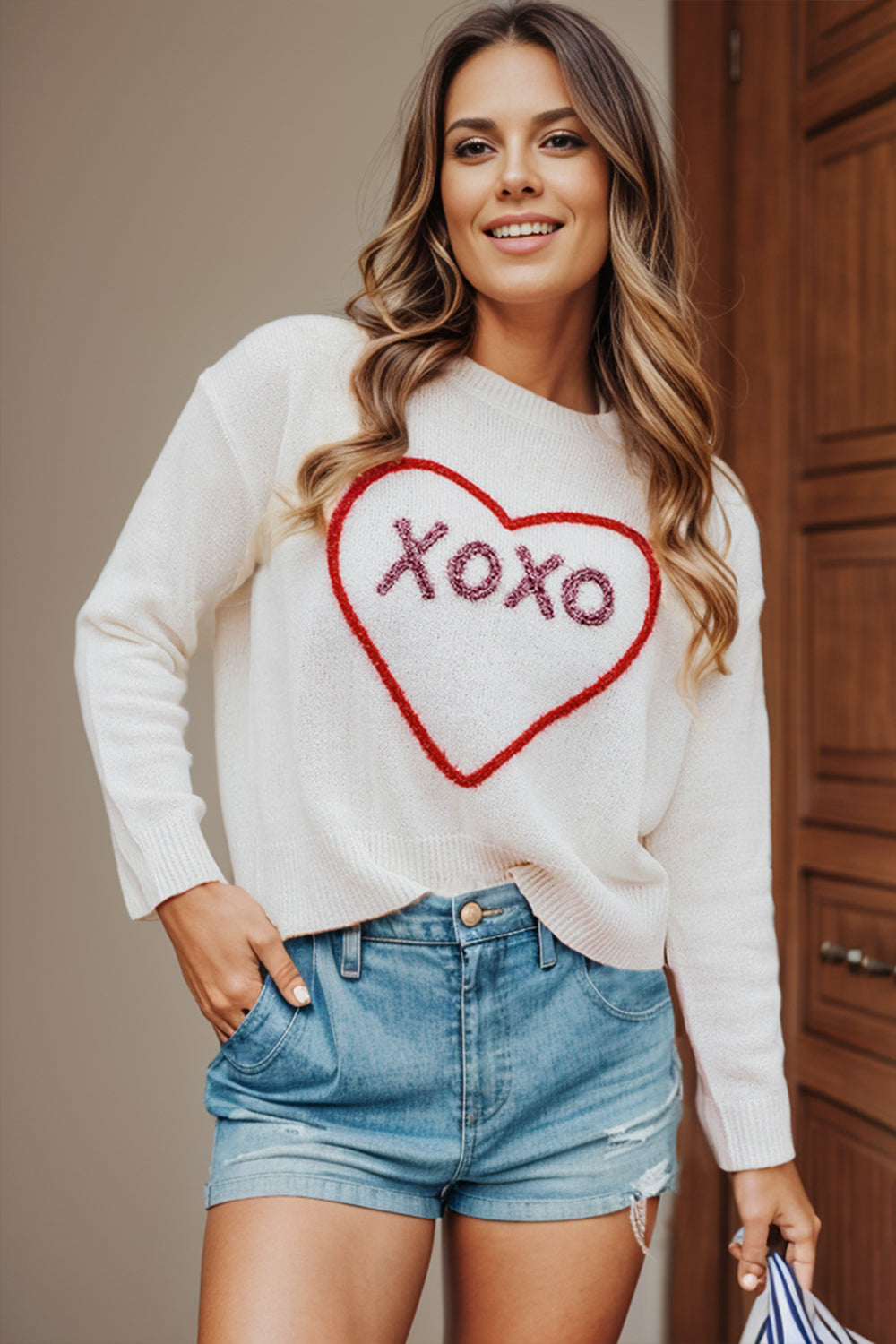 XOXO Heart Round Neck Dropped Shoulder Sweater Orchid Unique 