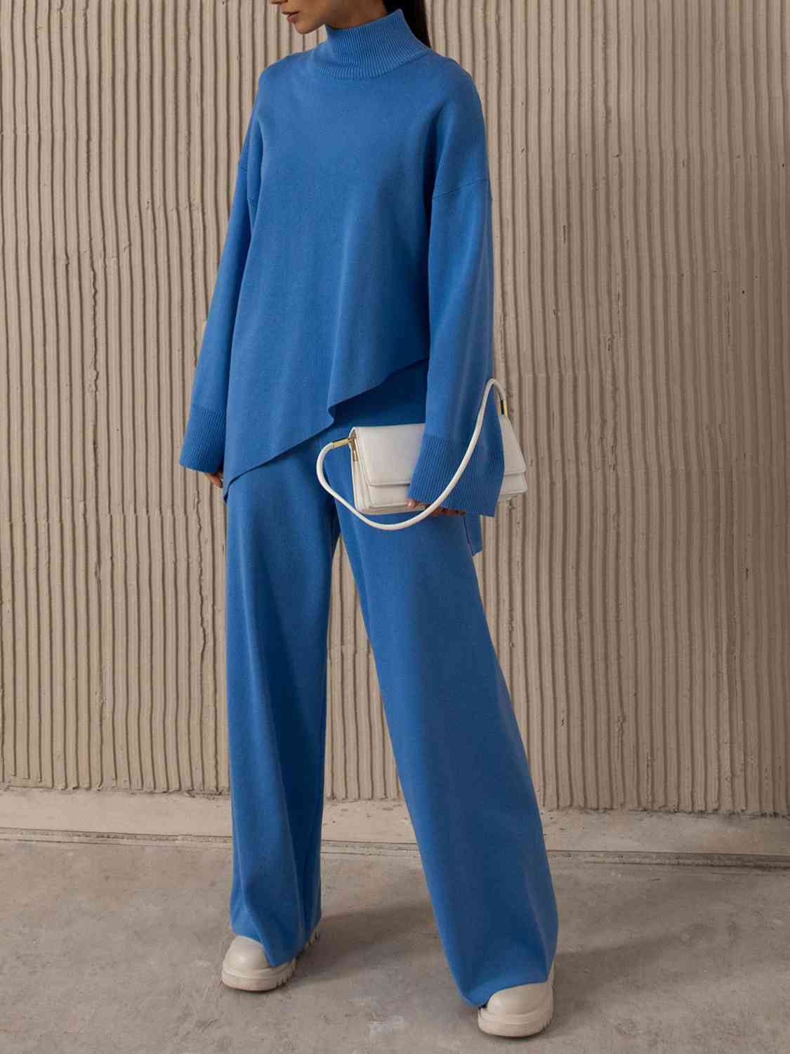 Asymmetrical Hem Knit Top and Pants Set Orchid Unique 