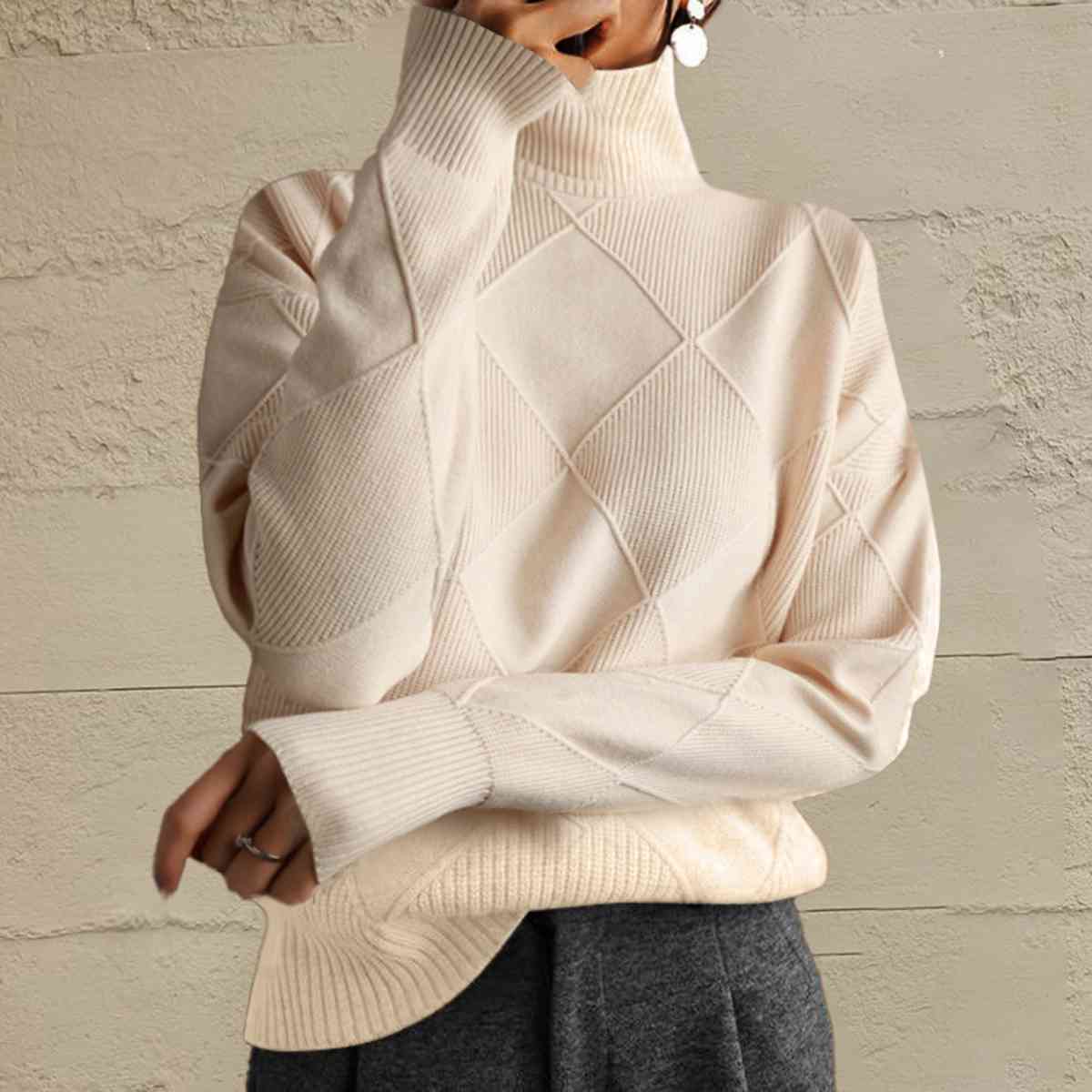 Geometric Turtleneck Long Sleeve Sweater Orchid Unique 