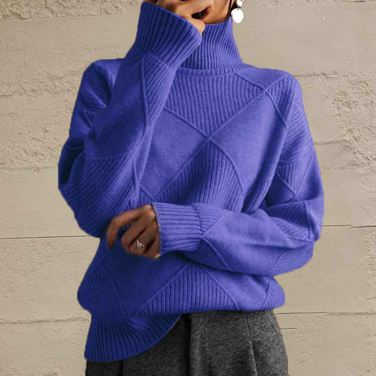 Geometric Turtleneck Long Sleeve Sweater Orchid Unique 