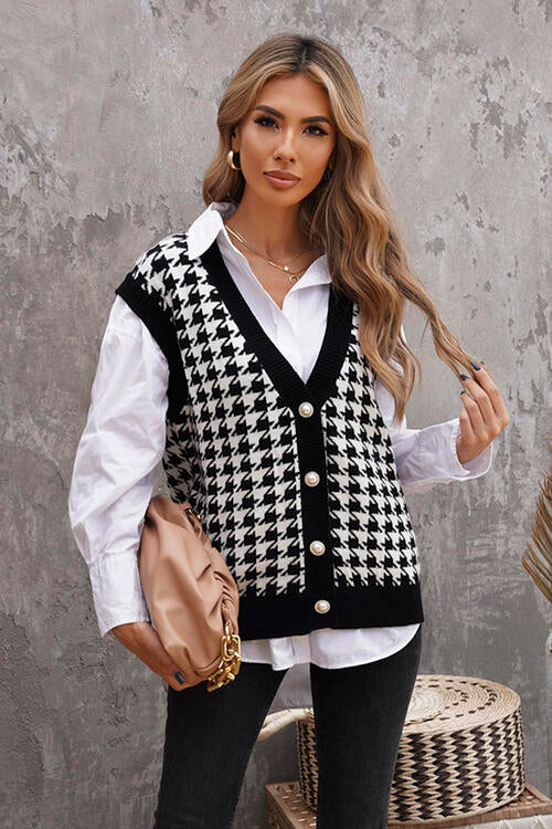 Houndstooth Button Front Sweater Vest Orchid Unique 