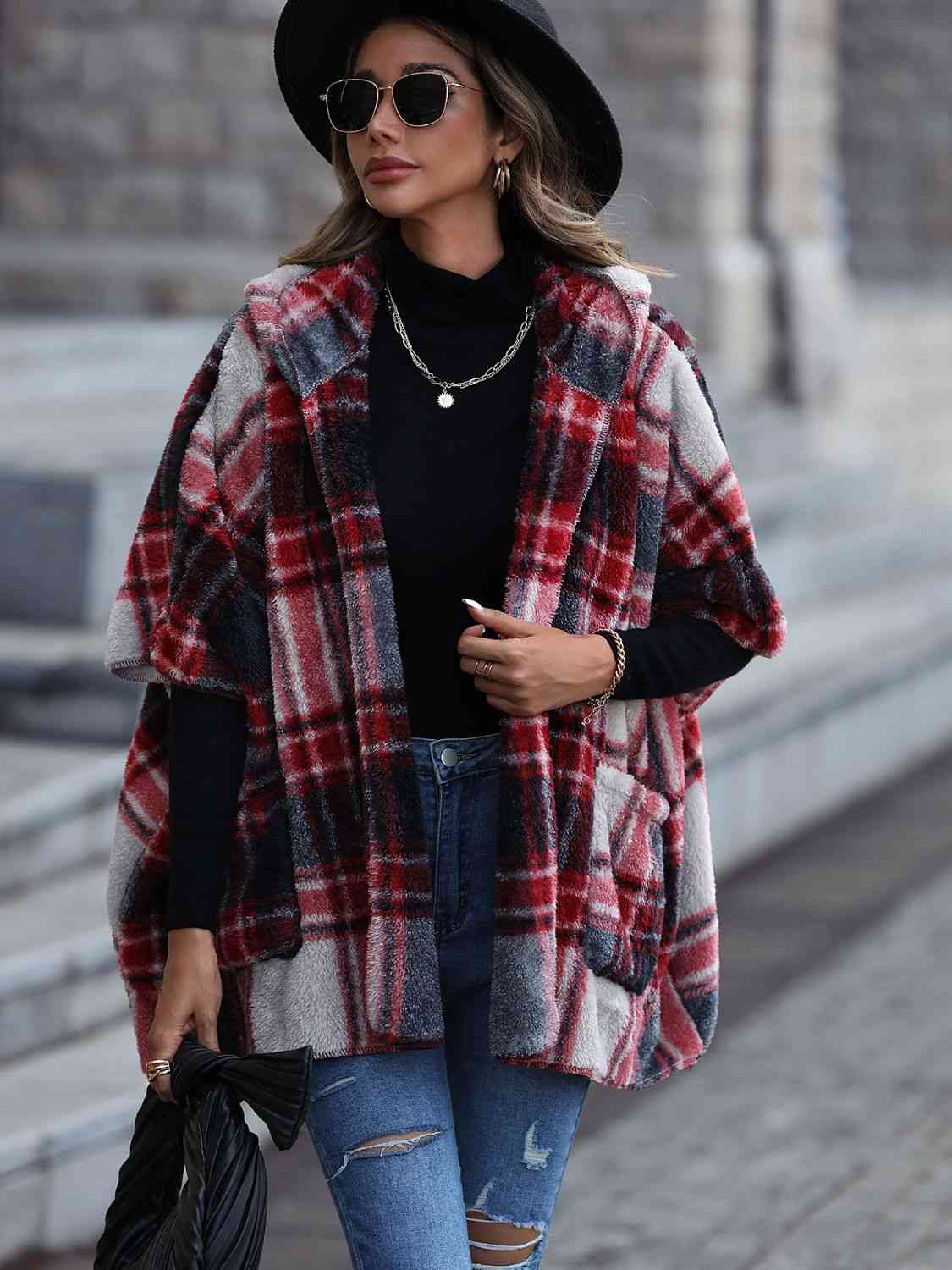 Plaid Hooded Coat with Pockets Orchid Unique 