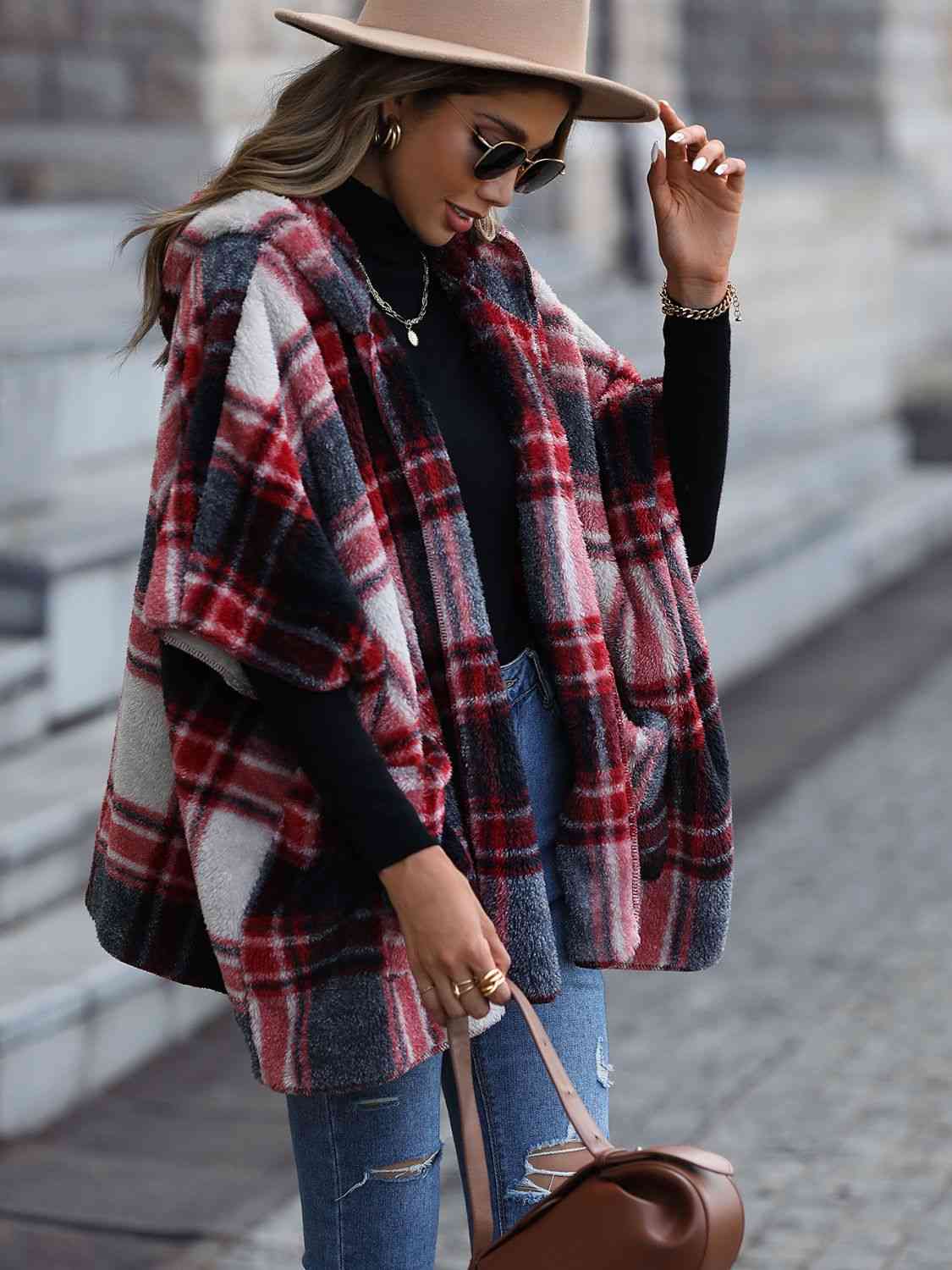 Plaid Hooded Coat with Pockets Orchid Unique 