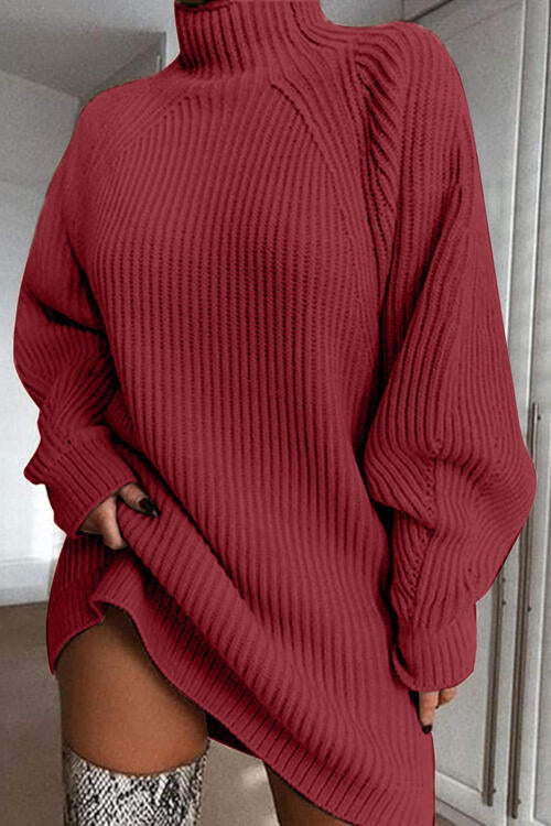 Mock Neck Dropped Shoulder Sweater Dress Orchid Unique 