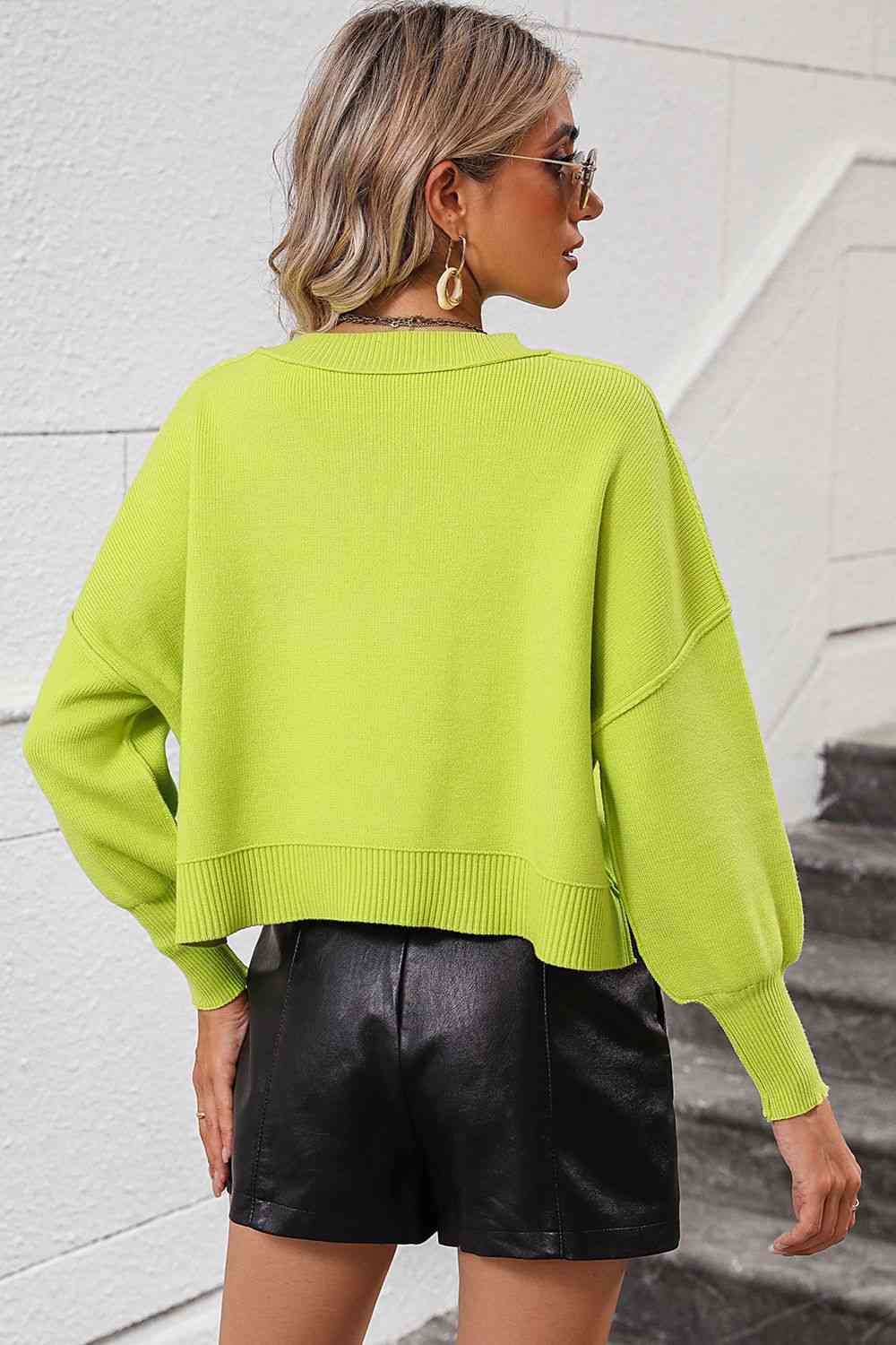 Round Neck Dropped Shoulder Pullover Sweater Orchid Unique 