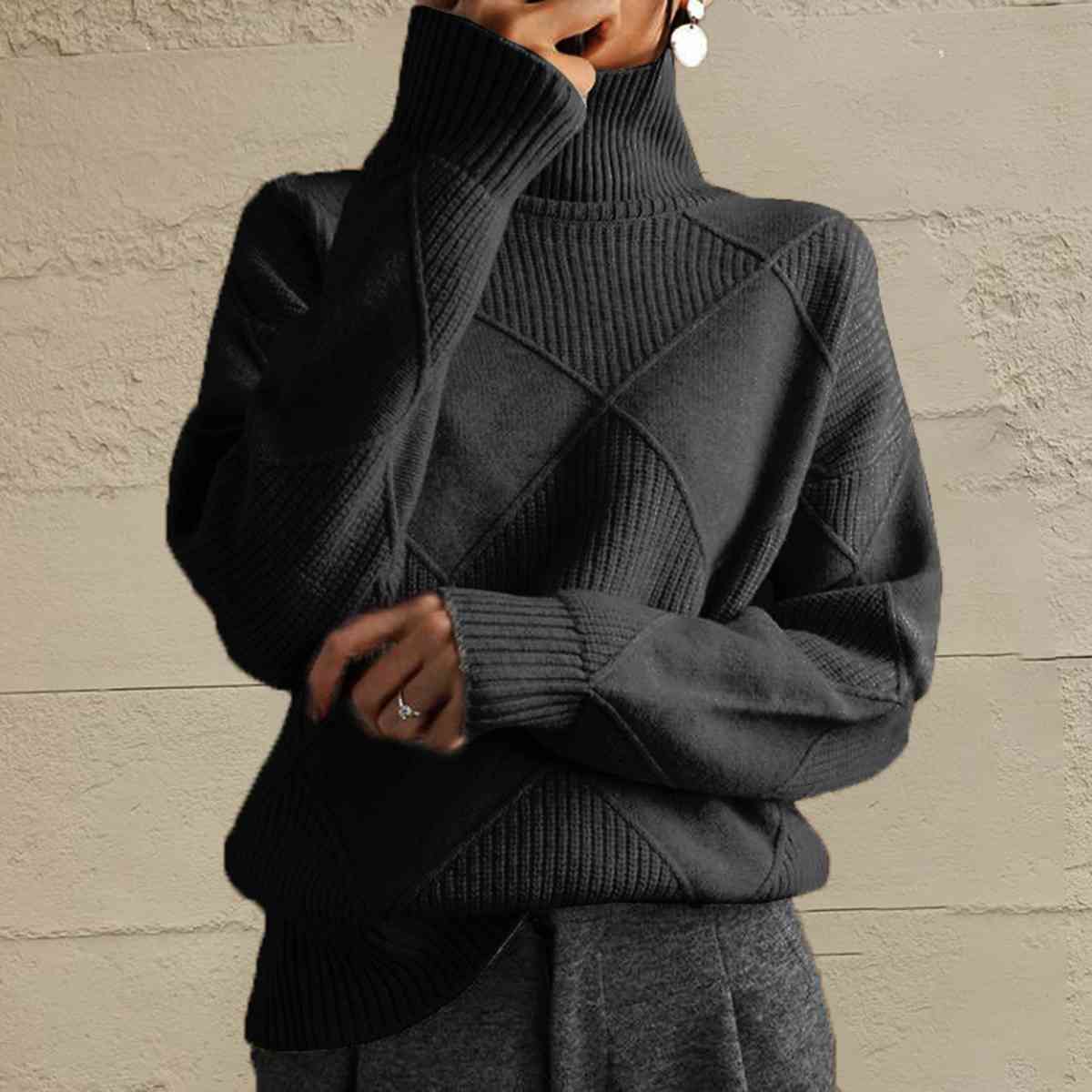 Geometric Turtleneck Long Sleeve Sweater Orchid Unique 