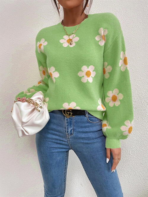 Flower Round Neck Latern Sleeve Sweater Orchid Unique 