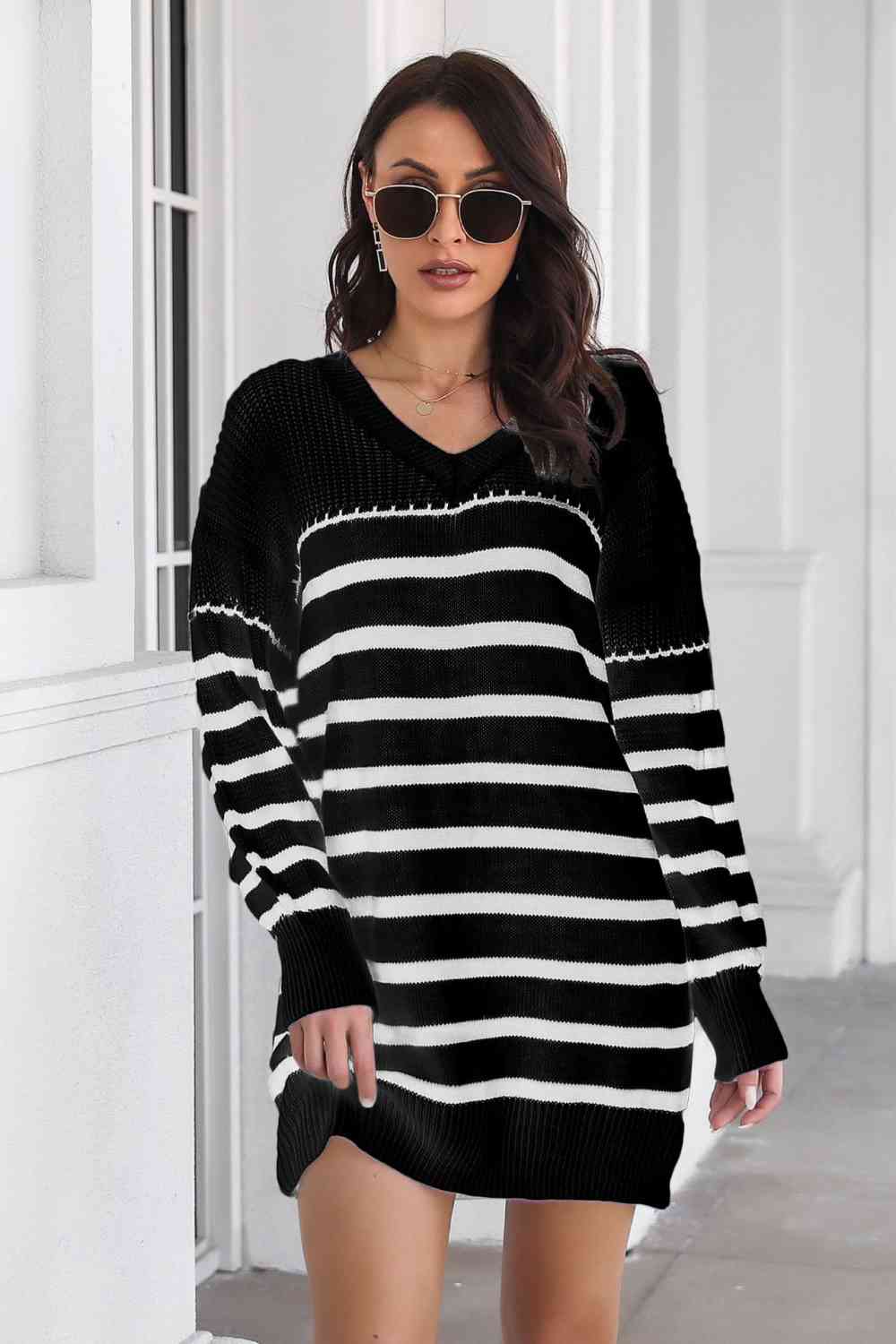 Striped V-Neck Drop Shulder Sweater Dress Orchid Unique 