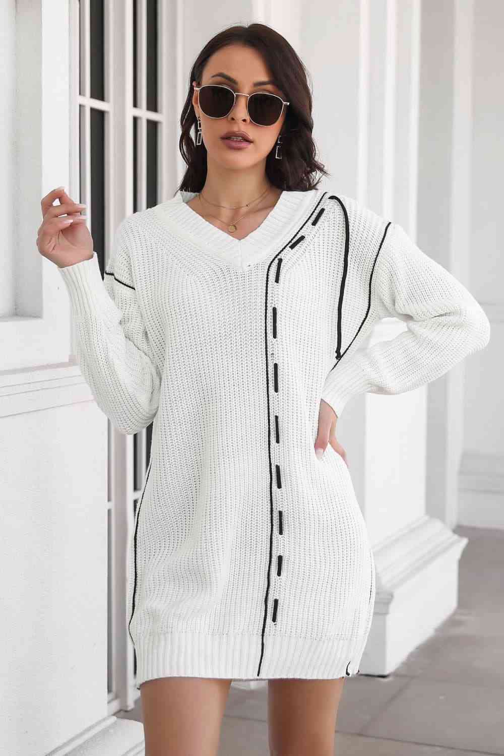 Contrast V-Neck Sweater Dress Orchid Unique 