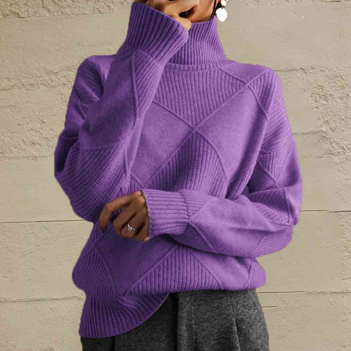 Geometric Turtleneck Long Sleeve Sweater Orchid Unique 