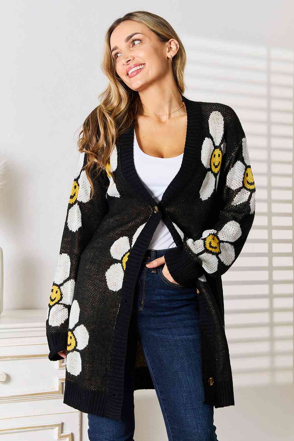 Double Take Floral Button Down Longline Cardigan Orchid Unique 